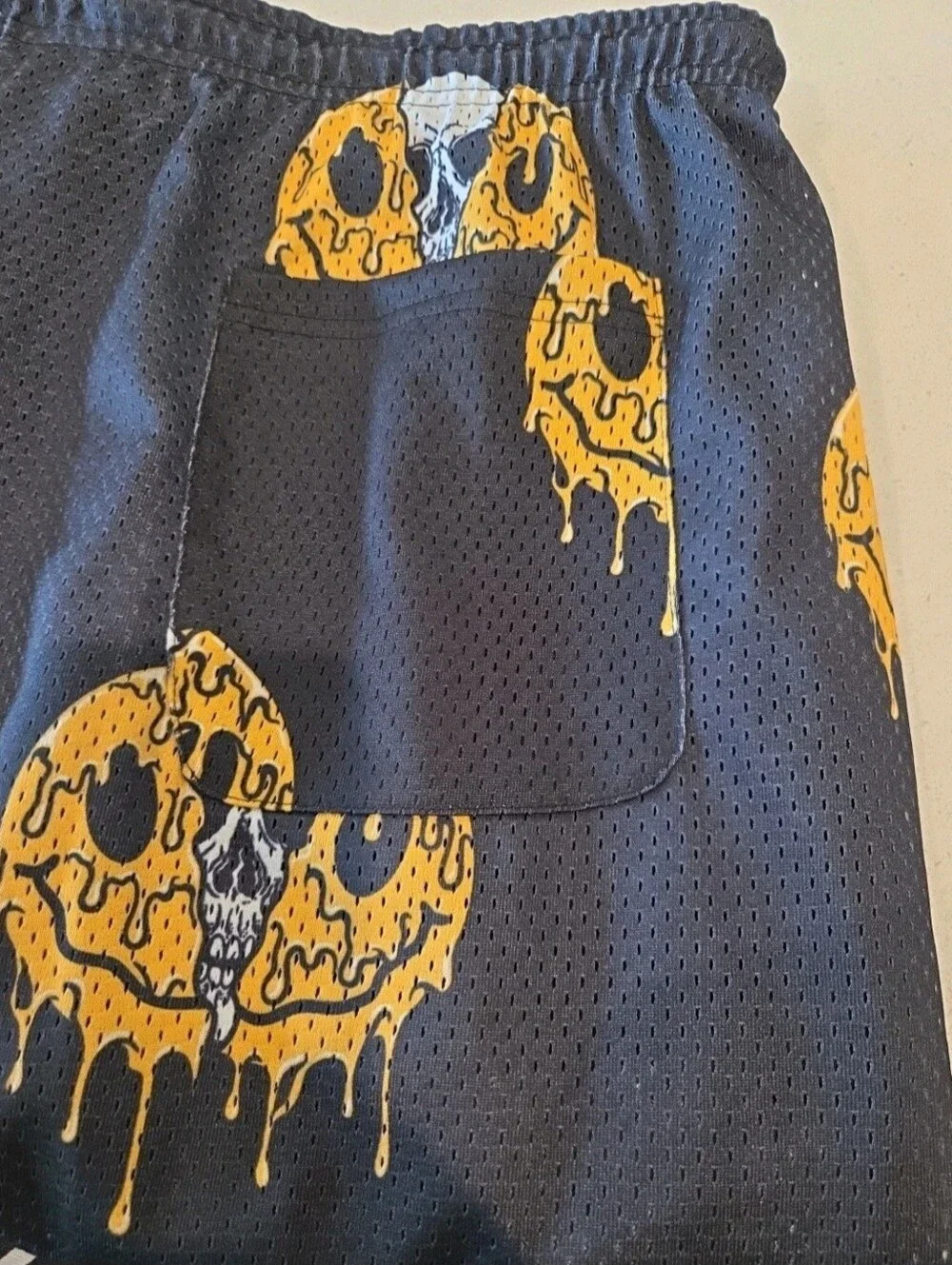 Mens Black Mesh Shorts with Yellow Drip Skull Print XL